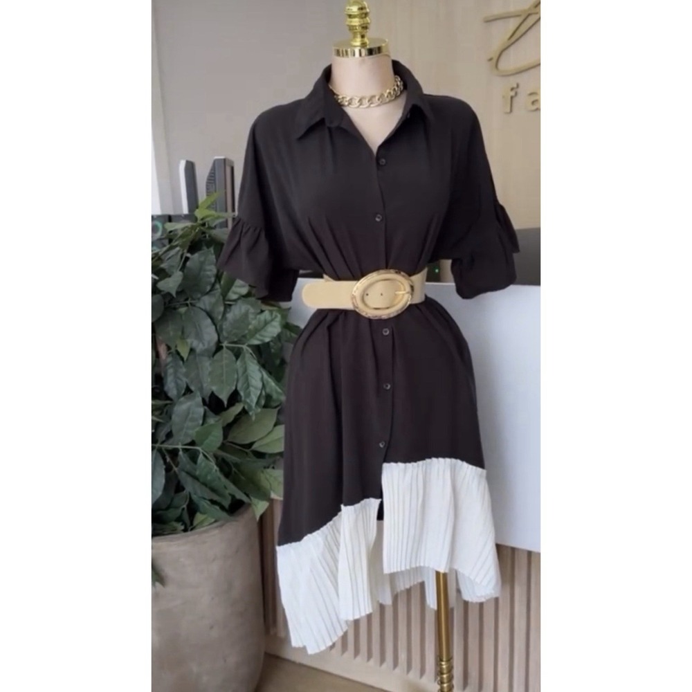 Women's Pleated Hem Shirt Dress, Black & Light Grey, Size Medium Colorblock Boho